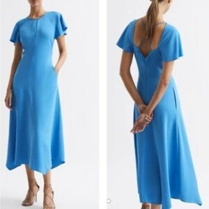 Reiss Eleni Dress Womens 10 Midi Short Sleeve Blue Retail $385 NWT